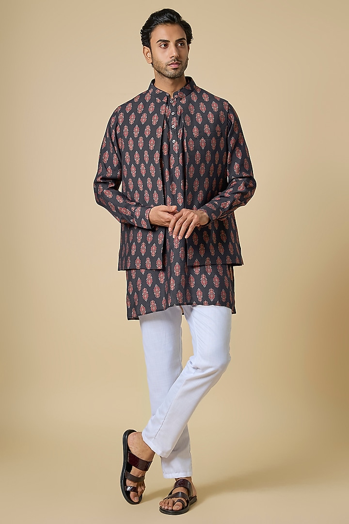 Dark Grey Blended Silk Floral Printed Jacket Set by Spring Break Men at Pernia's Pop Up Shop