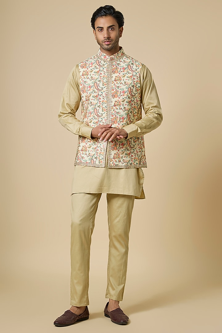 Beige Blended Silk Floral Printed & Embroidered Jacket Set by Spring Break Men at Pernia's Pop Up Shop