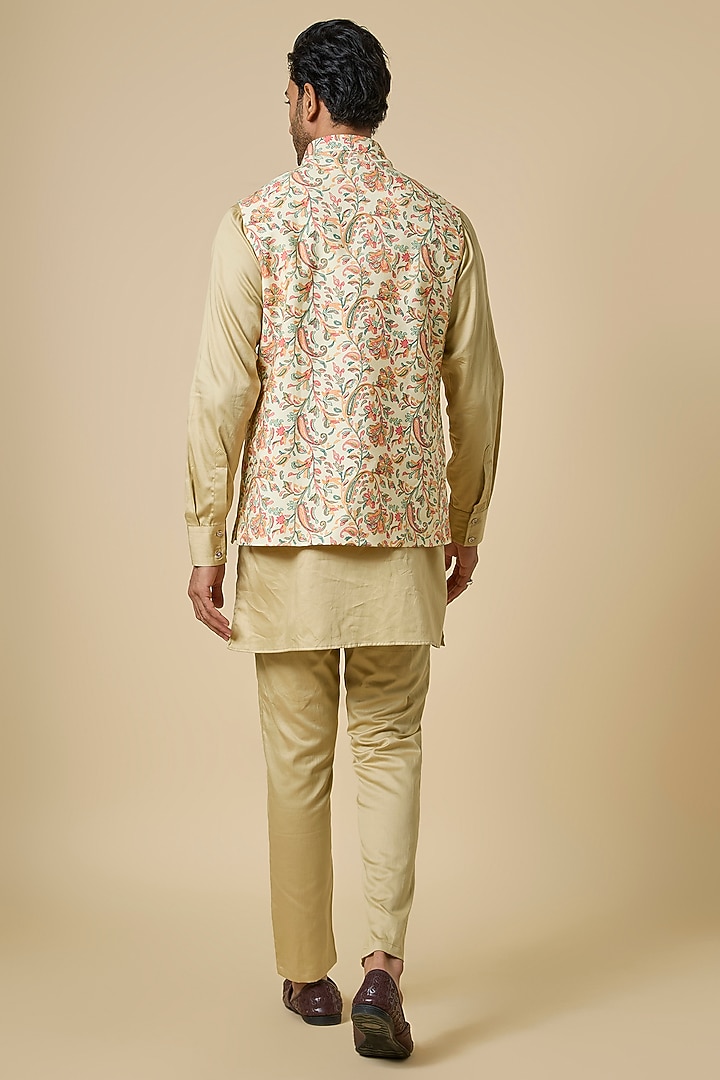 Beige Blended Silk Floral Printed & Embroidered Jacket Set by Spring Break Men at Pernia's Pop Up Shop