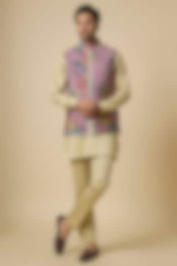 Pink Blended Silk Floral Printed & Embroidered Jacket Set by Spring Break Men at Pernia's Pop Up Shop