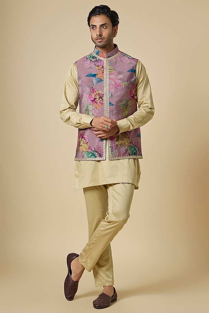 Pink Blended Silk Floral Printed & Embroidered Jacket Set by Spring Break Men at Pernia's Pop Up Shop