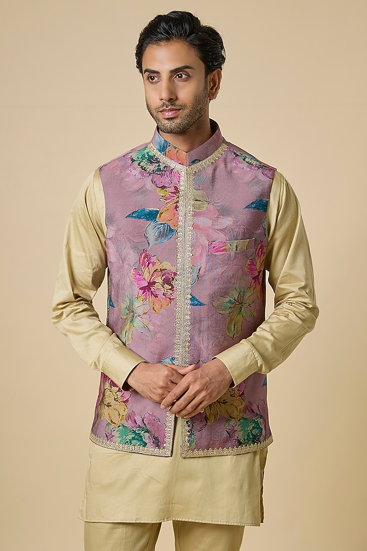 Pink Blended Silk Floral Printed & Embroidered Jacket Set by Spring Break Men at Pernia's Pop Up Shop