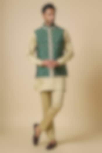 Green Blended Silk Floral Printed & Embroidered Jacket Set by Spring Break Men at Pernia's Pop Up Shop