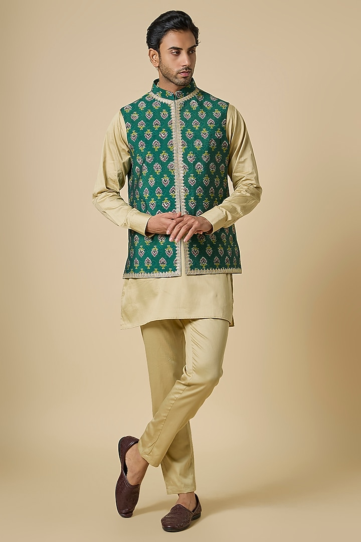 Green Blended Silk Floral Printed & Embroidered Jacket Set by Spring Break Men at Pernia's Pop Up Shop