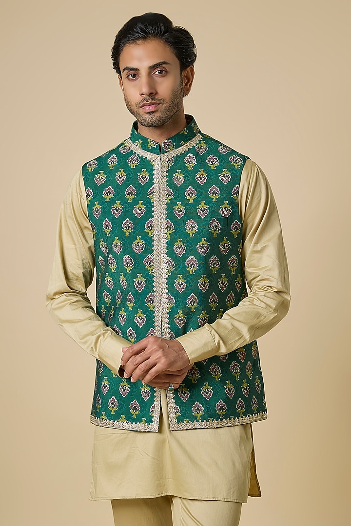Green Blended Silk Floral Printed & Embroidered Jacket Set by Spring Break Men at Pernia's Pop Up Shop