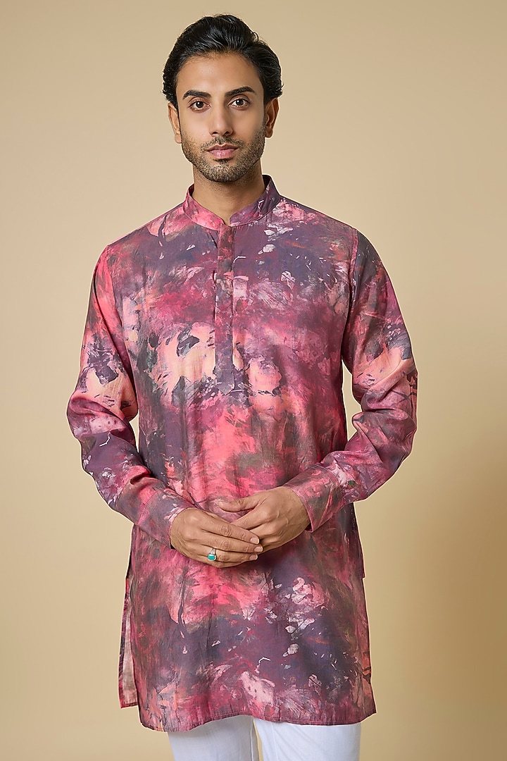 Dark Pink Blended Silk Digital Printed Kurta Set by Spring Break Men at Pernia's Pop Up Shop