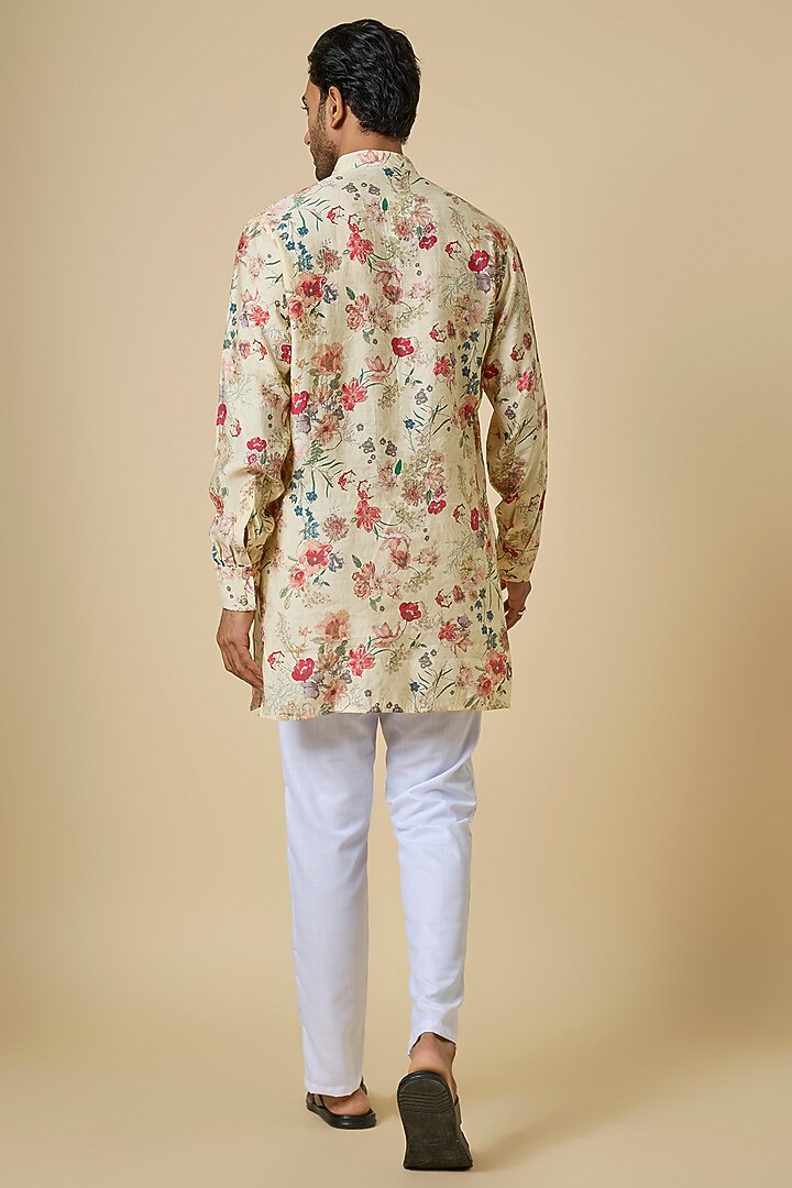 Cream Blended Silk Floral Digital Printed Kurta Set by Spring Break Men at Pernia's Pop Up Shop