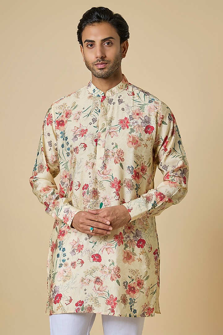 Cream Blended Silk Floral Digital Printed Kurta Set by Spring Break Men at Pernia's Pop Up Shop