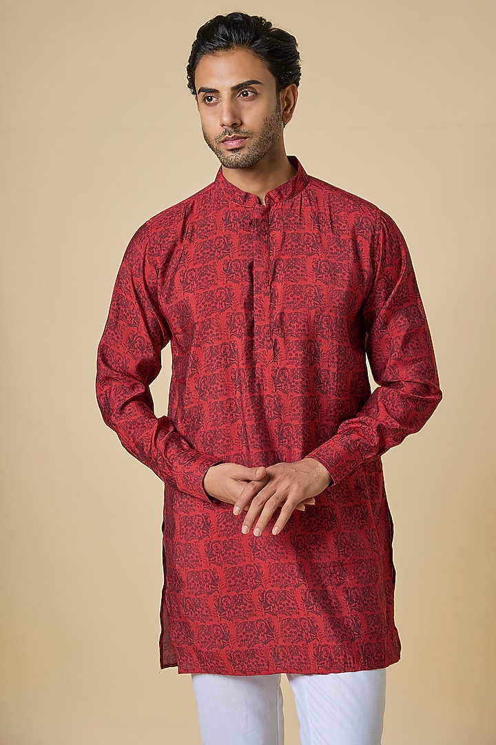 Red Blended Silk Digital Printed Kurta Set by Spring Break Men at Pernia's Pop Up Shop