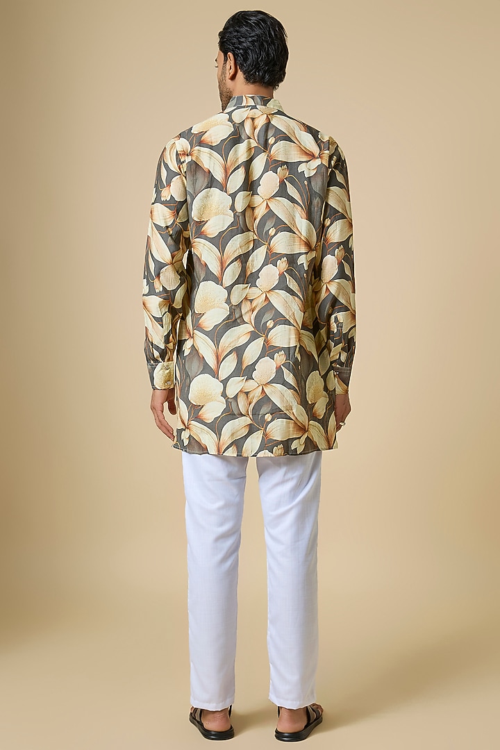 Grey Blended Silk Floral Digital Printed Kurta Set by Spring Break Men at Pernia's Pop Up Shop