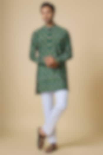 Green Blended Silk Botanical Printed Kurta Set by Spring Break Men at Pernia's Pop Up Shop