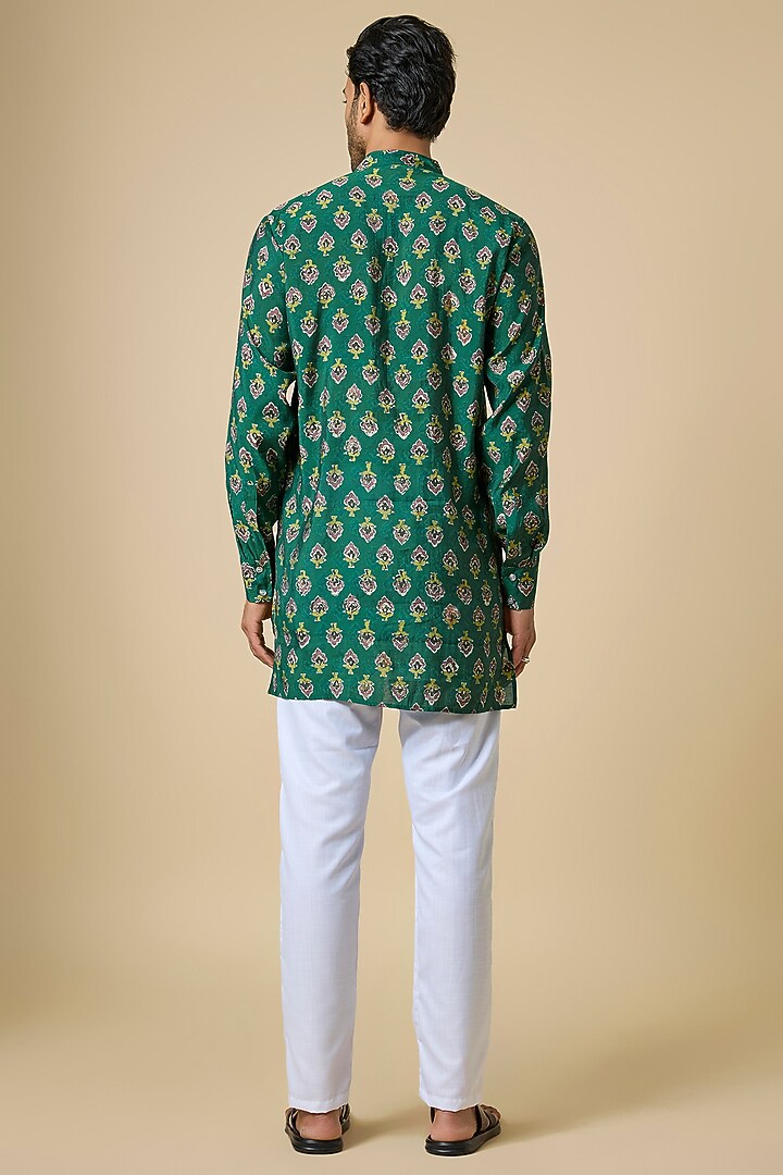 Green Blended Silk Botanical Printed Kurta Set by Spring Break Men at Pernia's Pop Up Shop