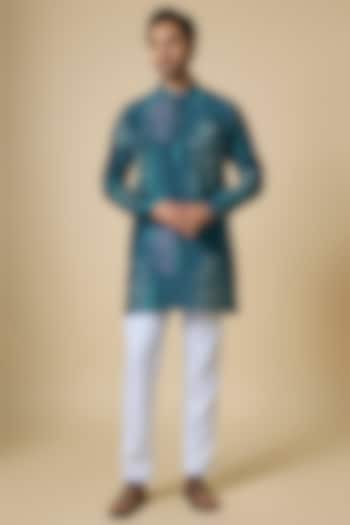 Teal Blended Silk Floral Printed Kurta Set by Spring Break Men at Pernia's Pop Up Shop