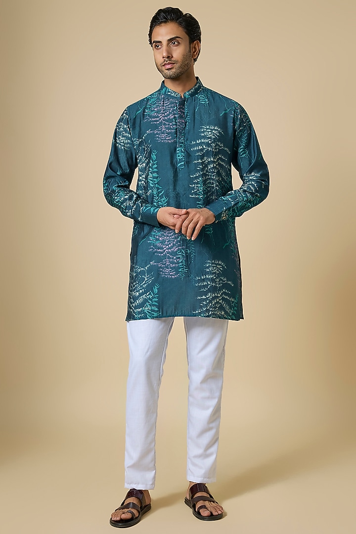 Teal Blended Silk Floral Printed Kurta Set by Spring Break Men at Pernia's Pop Up Shop
