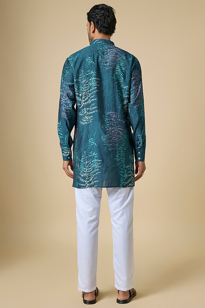 Teal Blended Silk Floral Printed Kurta Set by Spring Break Men at Pernia's Pop Up Shop