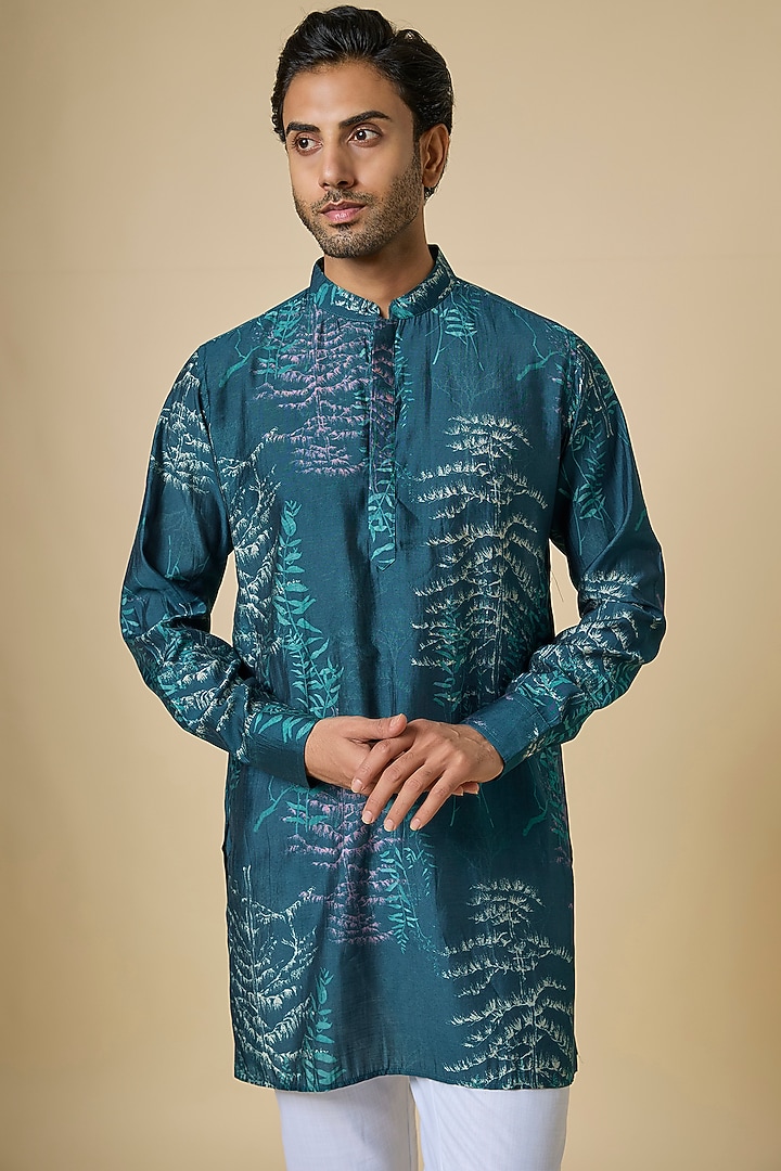 Teal Blended Silk Floral Printed Kurta Set by Spring Break Men at Pernia's Pop Up Shop