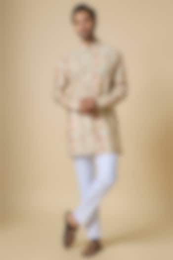 Beige Blended Silk Floral Printed Kurta Set by Spring Break Men at Pernia's Pop Up Shop