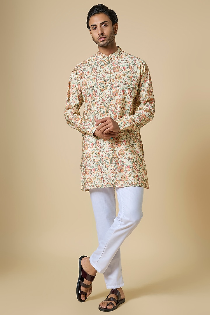 Beige Blended Silk Floral Printed Kurta Set by Spring Break Men at Pernia's Pop Up Shop