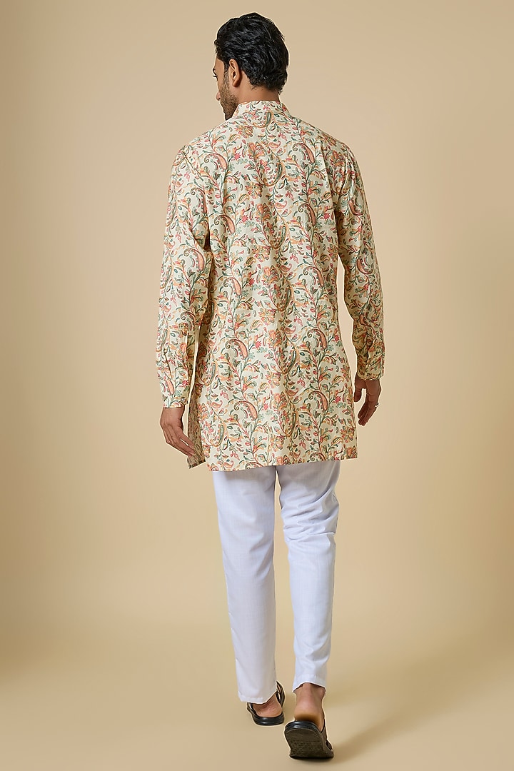 Beige Blended Silk Floral Printed Kurta Set by Spring Break Men at Pernia's Pop Up Shop