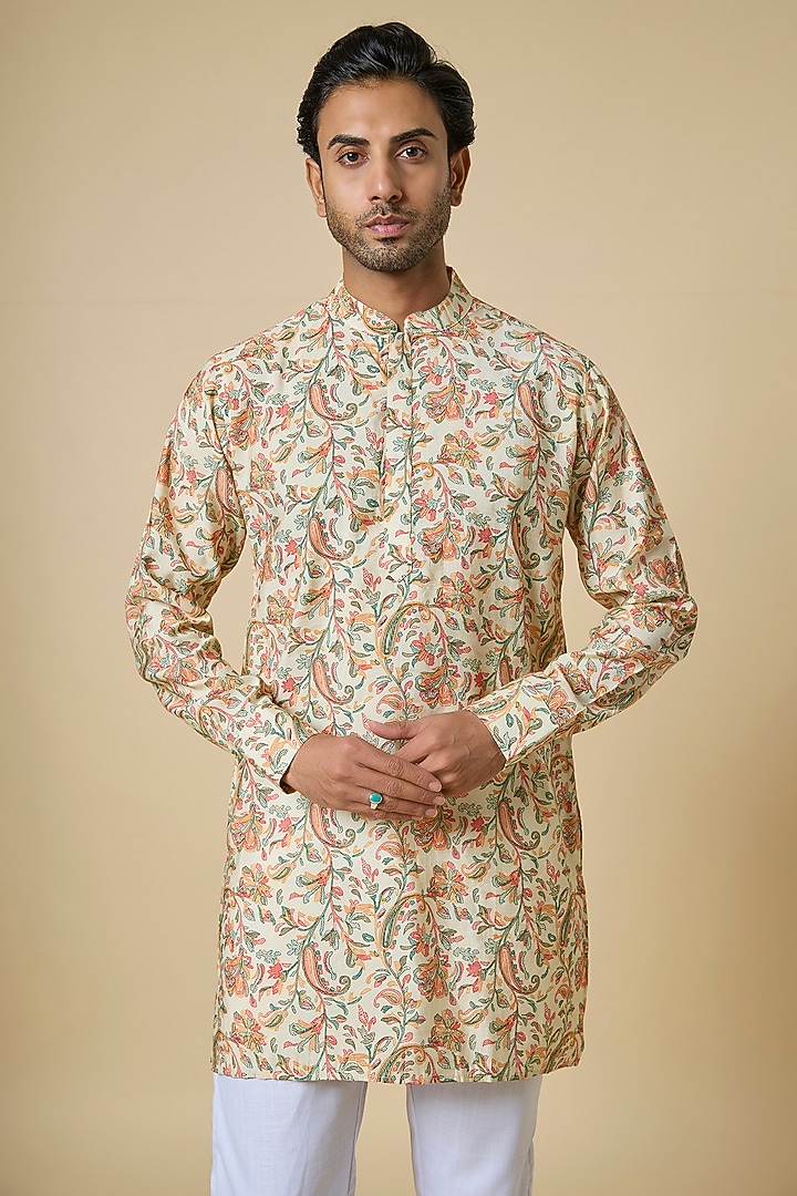Beige Blended Silk Floral Printed Kurta Set by Spring Break Men at Pernia's Pop Up Shop