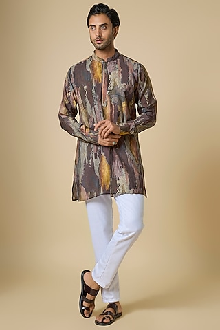 Multi-Colored Blended Silk Abstract Digital Printed Kurta Set by Spring Break Men