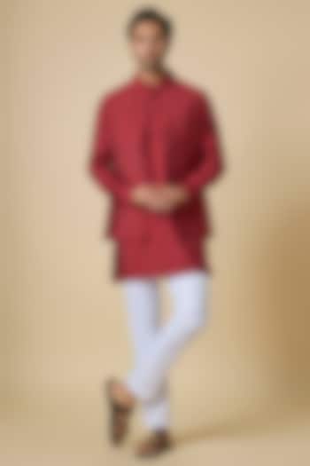 Red Blended Silk Digital Printed Jacket Set by Spring Break Men at Pernia's Pop Up Shop