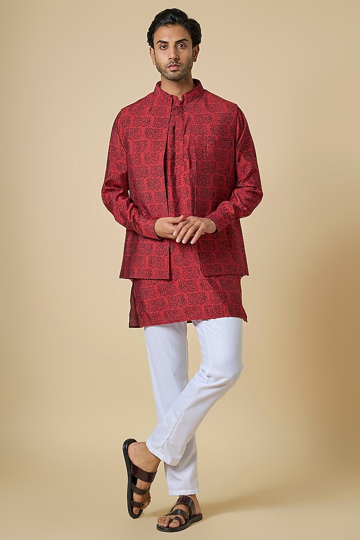 Red Blended Silk Digital Printed Jacket Set by Spring Break Men at Pernia's Pop Up Shop