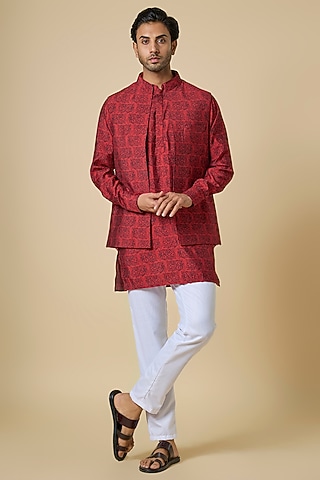 Red Blended Silk Digital Printed Jacket Set by Spring Break Men