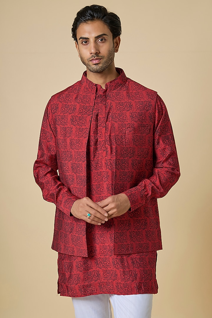 Red Blended Silk Digital Printed Jacket Set by Spring Break Men at Pernia's Pop Up Shop
