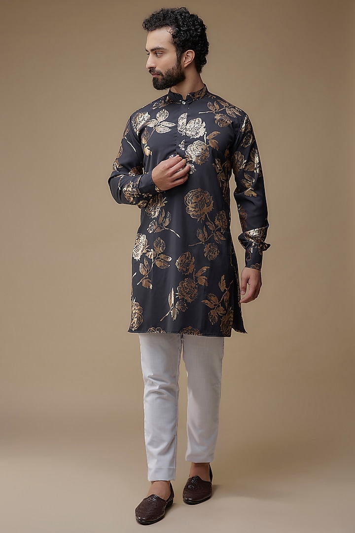 Blue Rayon Foil Printed Kurta Set by Spring Break Men