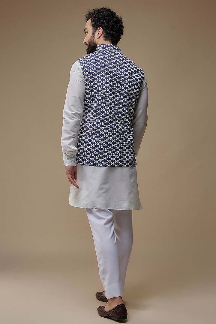 Navy Blue Cotton Silk Embroidered Bundi Jacket Set by Spring Break Men ...