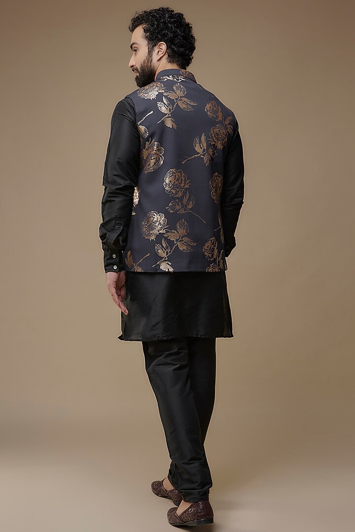 Black Rayon Printed Bundi Jacket Set by Spring Break Men at Pernia's Pop Up Shop