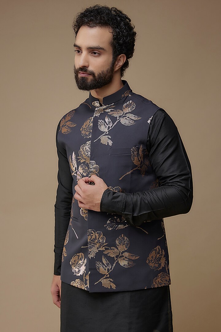 Black Rayon Printed Bundi Jacket Set by Spring Break Men at Pernia's Pop Up Shop