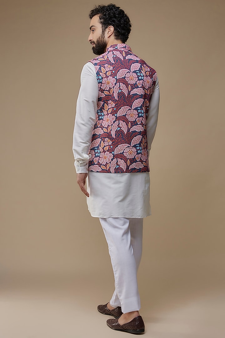 Multi-Colored Rayon Floral Prinred Bundi Jacket Set by Spring Break Men at Pernia's Pop Up Shop
