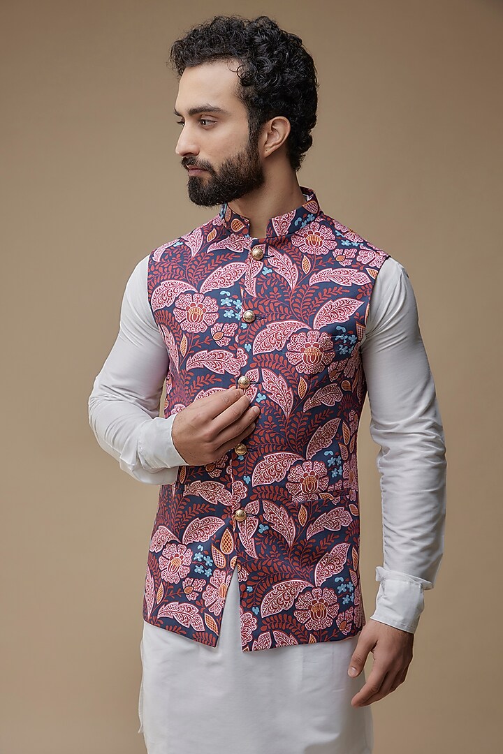 Multi-Colored Rayon Floral Prinred Bundi Jacket Set by Spring Break Men at Pernia's Pop Up Shop