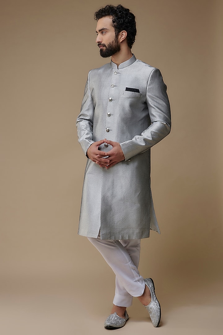 Light Grey Dupion Silk Sherwani Set by Spring Break Men