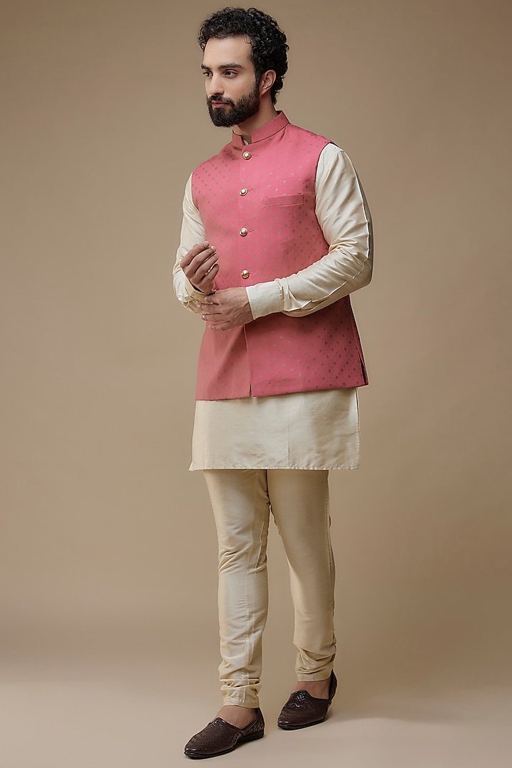 Pink Cotton Printed Bundi Jacket Set by Spring Break Men