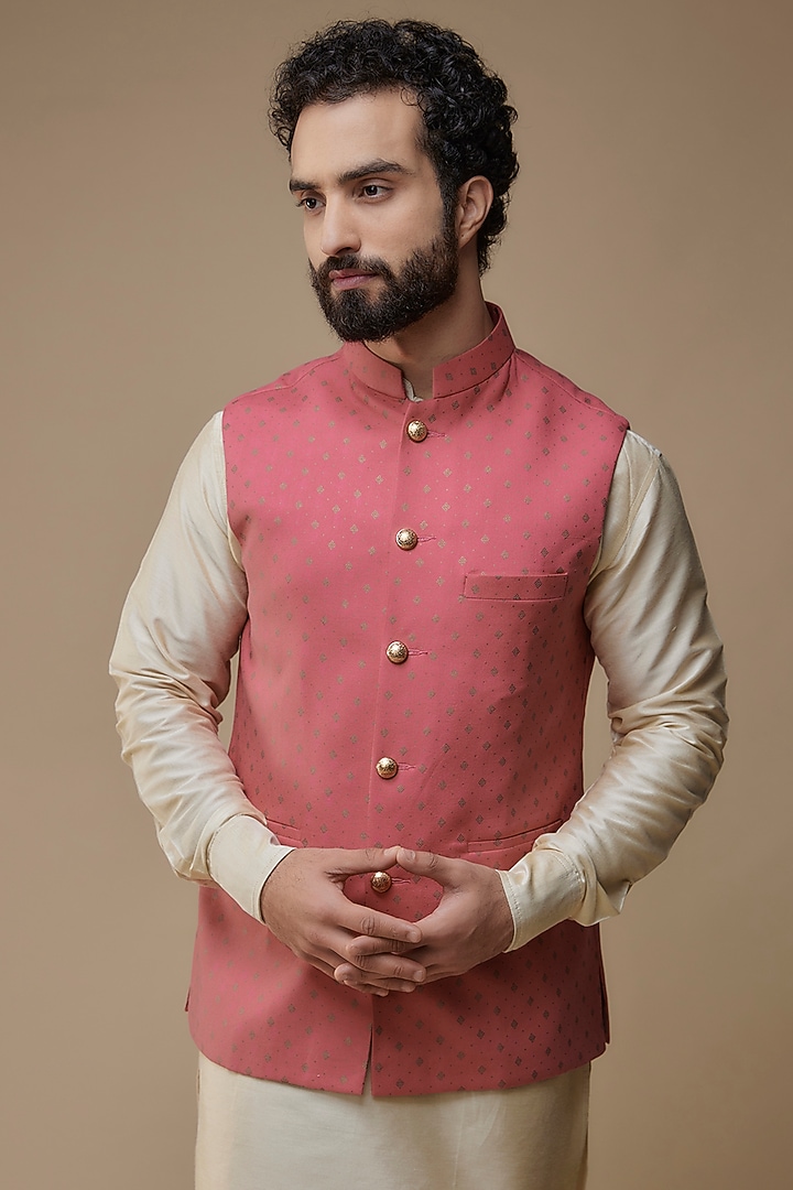 Pink Cotton Printed Bundi Jacket Set by Spring Break Men at Pernia's Pop Up Shop