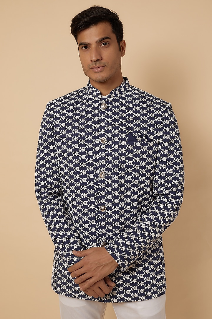 Blue & White Dupion Silk Applique Embroidered Bandhgala Jacket by Spring Break Men