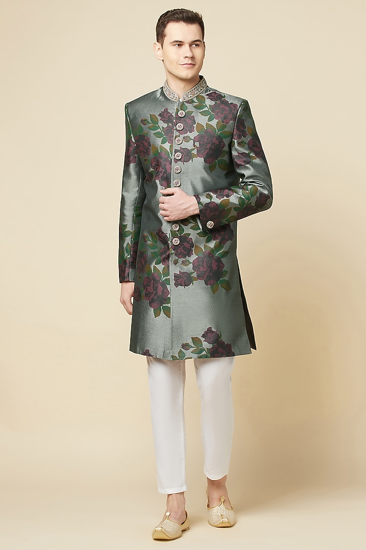 Grey Cotton Polyester Printed Sherwani Set For Boys by Spring Break- Kids at Pernia's Pop Up Shop