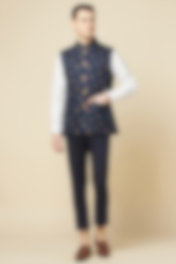 Navy Blue Polyester Cotton Printed Bundi Jacket With Pant Set For Boys by Spring Break- Kids at Pernia's Pop Up Shop