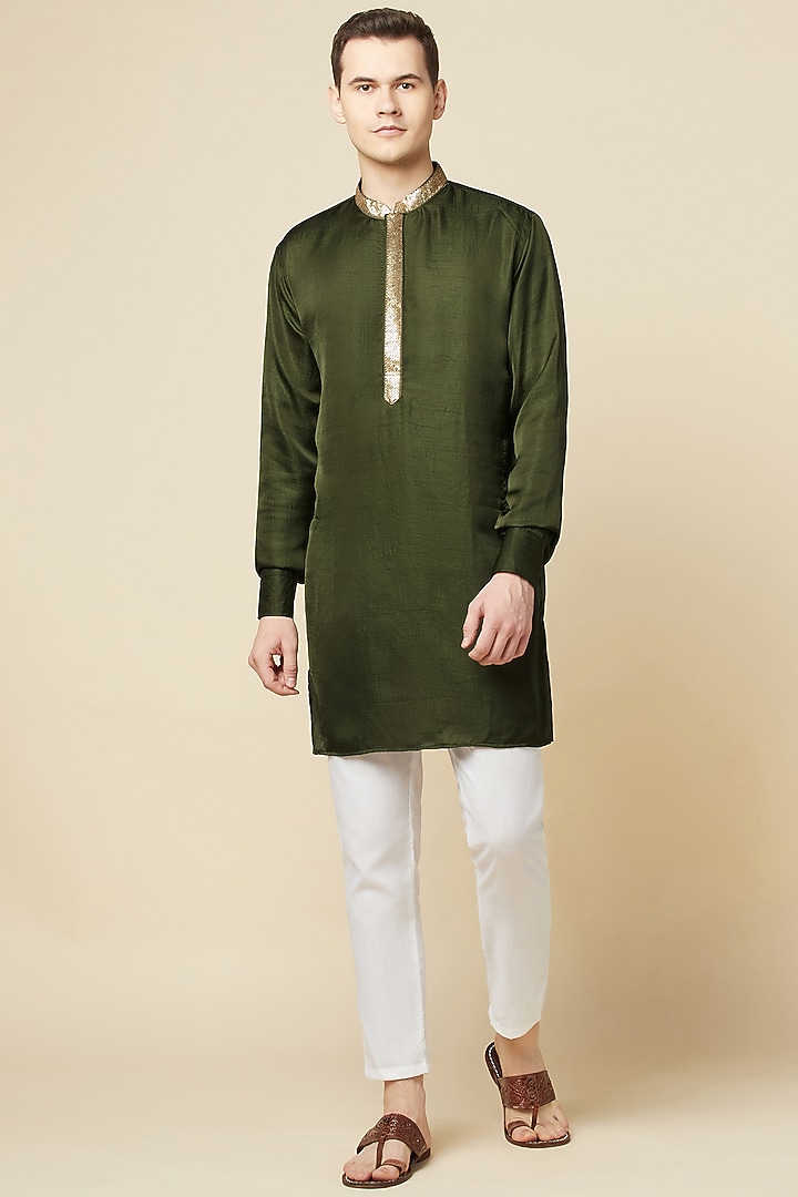 Dark Green Art Silk Embroidered Kurta For Boys by Spring Break- Kids at Pernia's Pop Up Shop