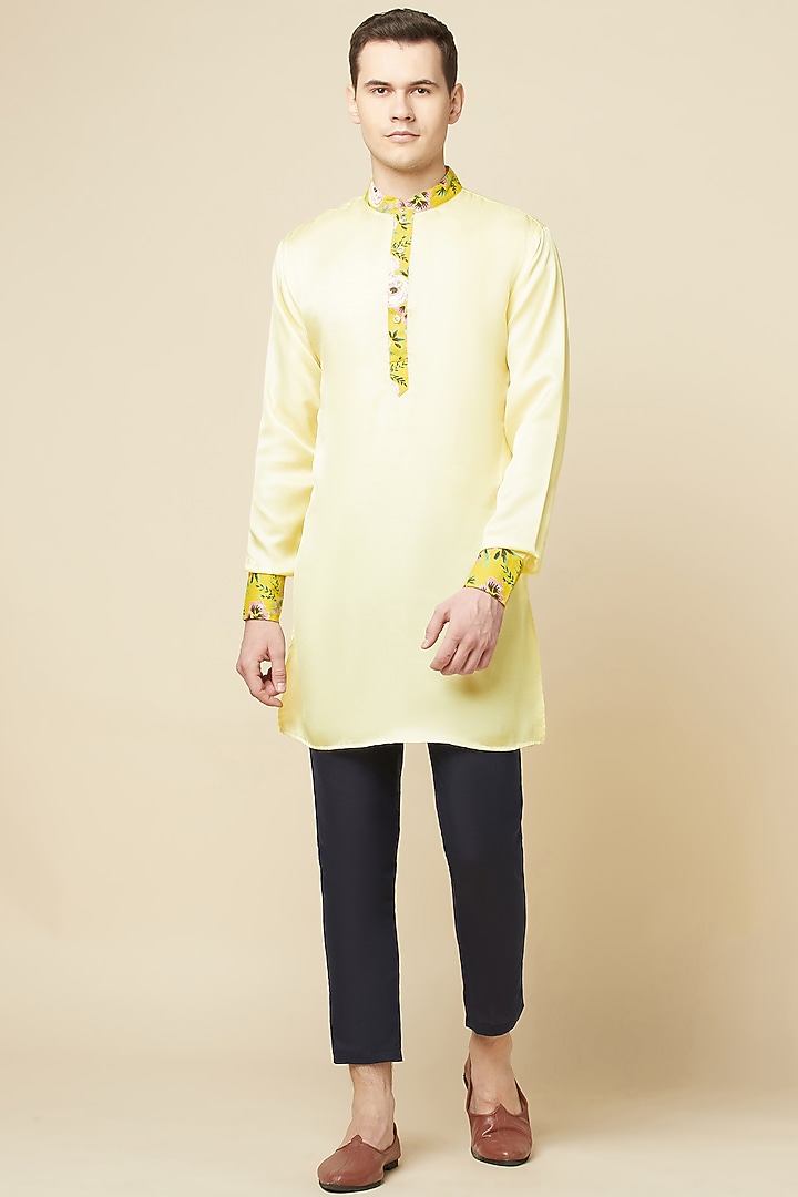 Lemon Yellow Art Silk Printed Kurta For Boys by Spring Break- Kids at Pernia's Pop Up Shop