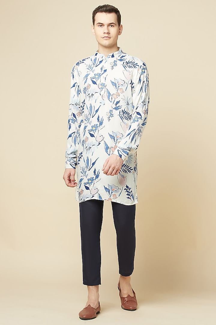 White Cotton Printed Kurta For Boys by Spring Break- Kids at Pernia's Pop Up Shop