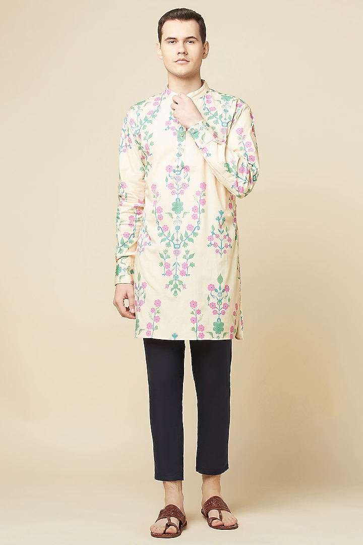 Beige Cotton Polyester Floral Printed Kurta Set For Boys by Spring Break- Kids at Pernia's Pop Up Shop