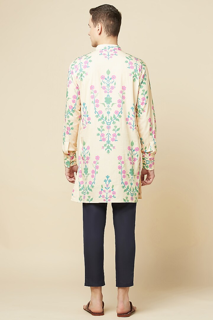 Beige Cotton Polyester Floral Printed Kurta Set For Boys by Spring Break- Kids at Pernia's Pop Up Shop