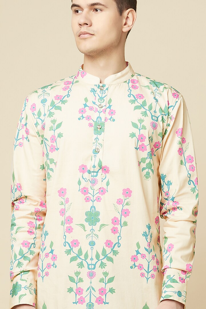 Beige Cotton Polyester Floral Printed Kurta Set For Boys by Spring Break- Kids at Pernia's Pop Up Shop