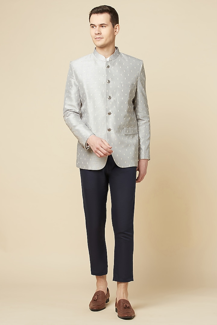 Grey Cotton Polyester Embroidered Jodhpuri Jacket For Boys by Spring Break- Kids at Pernia's Pop Up Shop