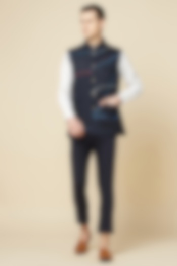 Navy Blue Cotton Polyester Printed Bundi Jacket For Boys by Spring Break- Kids at Pernia's Pop Up Shop