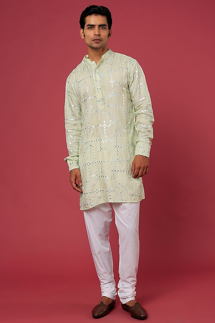 Mint Green Cotton Polyester Embroidered Kurta Set For Boys by Spring Break- Kids